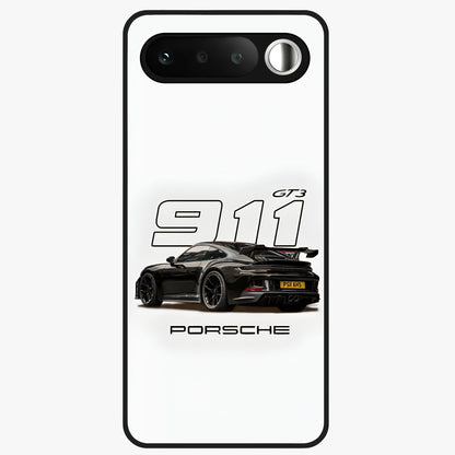 Turbo Legacy Icon Glass Case showing flat back view with iconic sports car inspired artwork and glossy glass finish.