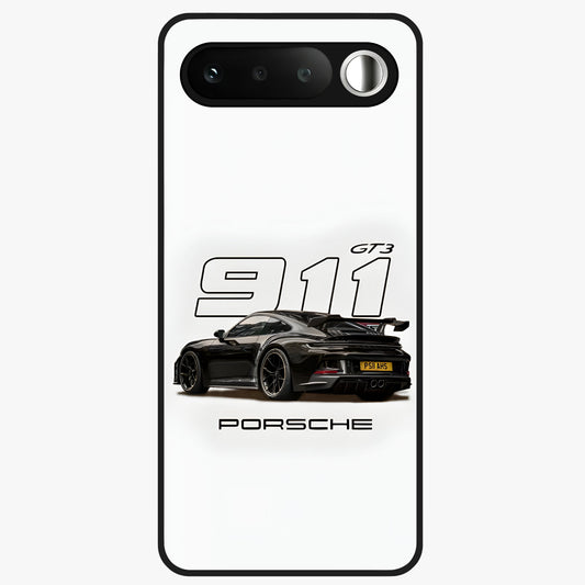 Turbo Legacy Icon Glass Case showing flat back view with iconic sports car inspired artwork and glossy glass finish.