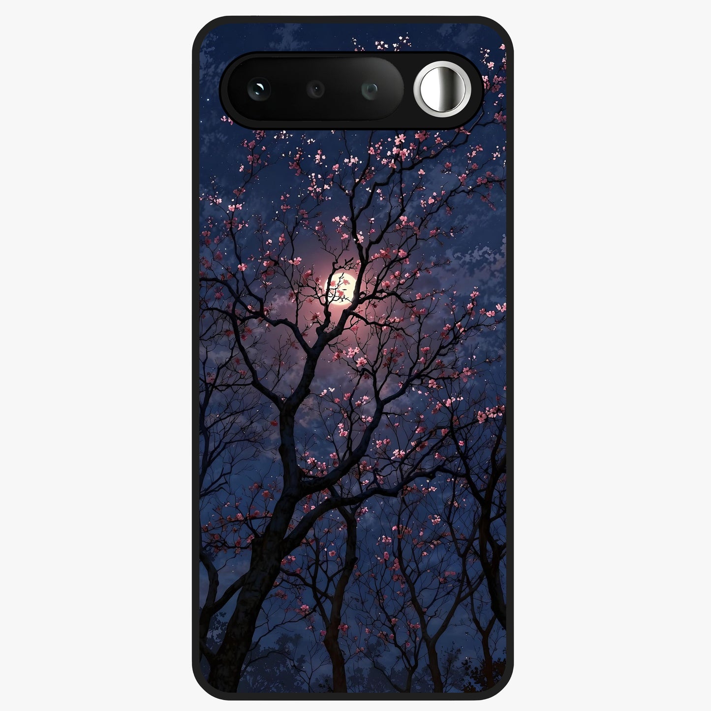 Twilight Sakura Serenade Glass Case showing flat back view with cherry blossom artwork at twilight and glossy glass finish.