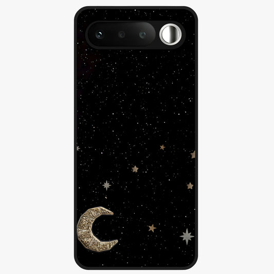 Twinkle Star With Half Moon Glass Case showing flat back view with star and half moon artwork and glossy glass finish.