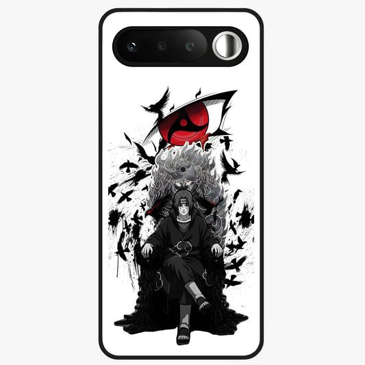 Uchiha Shadow Throne Glass Case showing flat back view with cosmic underwater themed artwork and glossy glass finish.