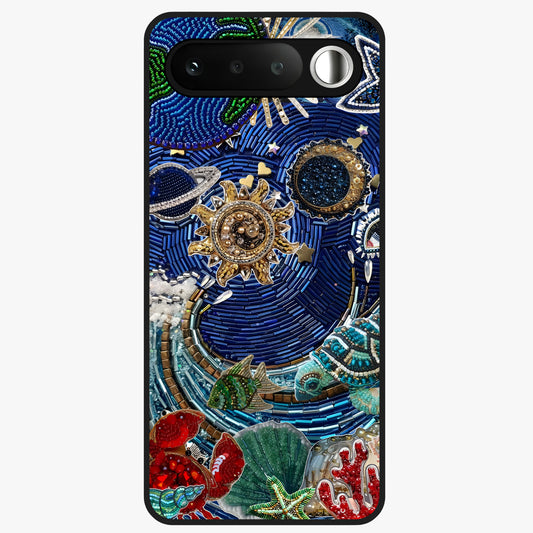 Universe Underwater Spark Glass Case showing flat back view with cosmic underwater themed artwork and glossy glass finish.
