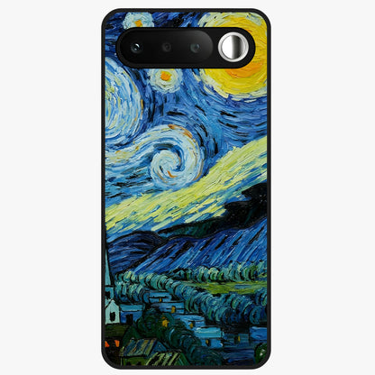 Van Gogh Art Glass Case showing flat back view with classic painterly artwork inspired by Van Gogh style and glossy glass finish.