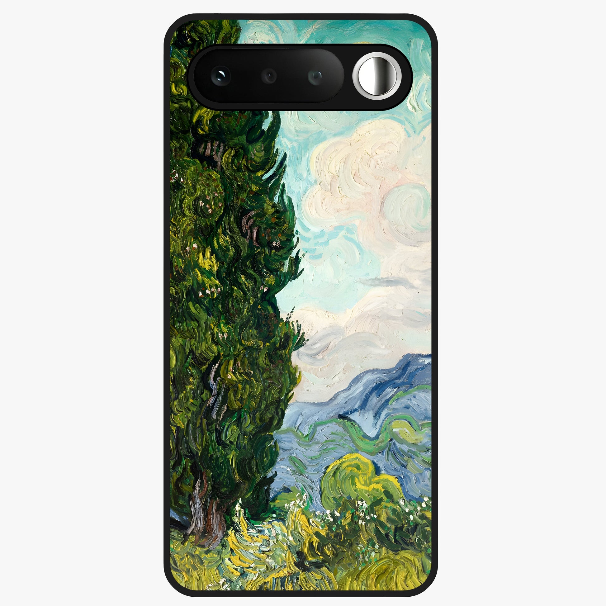 Van Gogh Vintage Art Glass Case showing flat back view with vintage painterly artwork inspired by Van Gogh style and glossy glass finish.