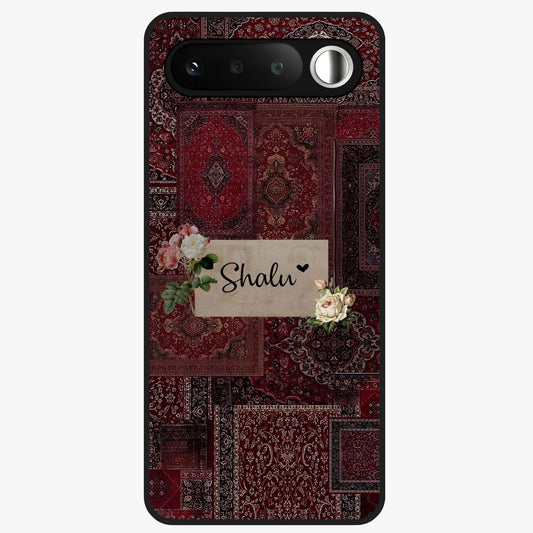 Velvet Wine Pattern Custom Name Glass Case showing flat back view with elegant wine colored pattern artwork and personalized name design.