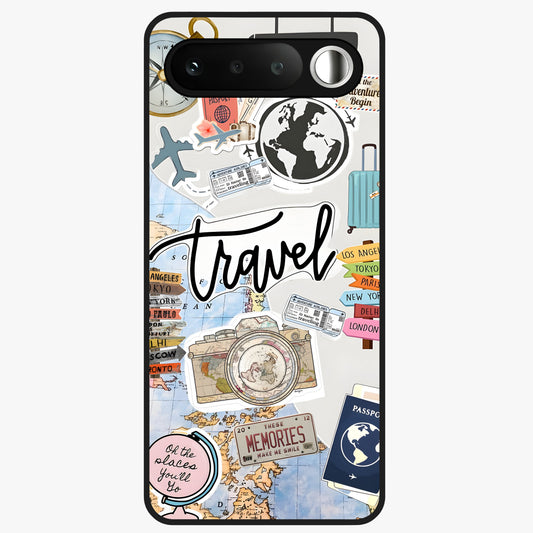 Wanderlust Journal Glass Case showing flat back view with travel inspired artwork and glossy glass finish.