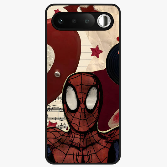 Web Warrior Vibes Glass Case showing flat back view with superhero inspired web themed artwork and glossy glass finish.