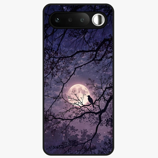 Whispering Moon Silence Glass Case showing flat back view with serene moon themed artwork and glossy glass finish.