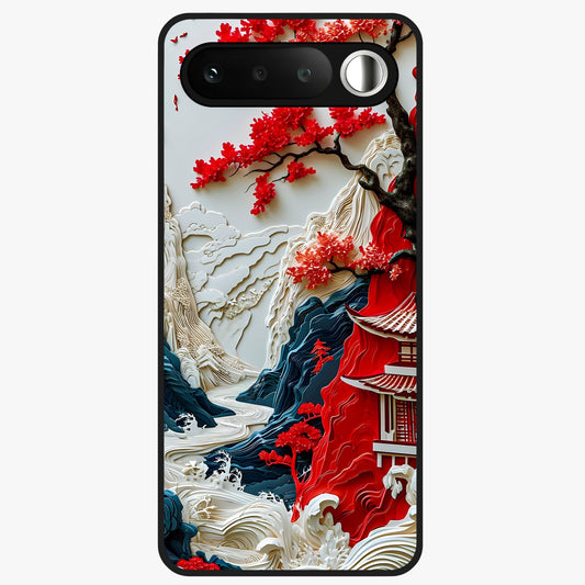 Whispers Of Sakura Waves Glass Case showing flat back view with cherry blossom wave artwork and glossy glass finish.