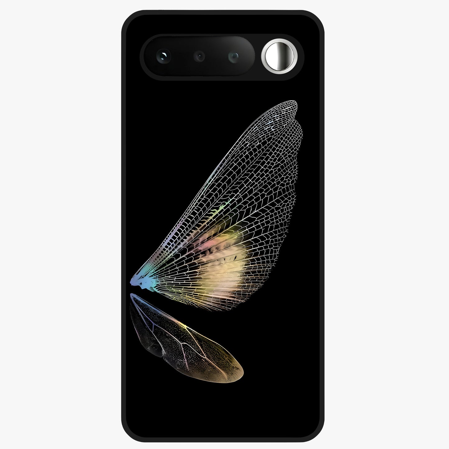 Whispers Of Wings Glass Case showing flat back view with graceful wing inspired artwork and glossy glass finish.