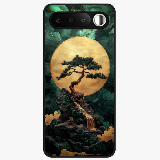 Zen Moon Rise Glass Case showing flat back view with calm moonrise artwork and glossy glass finish.