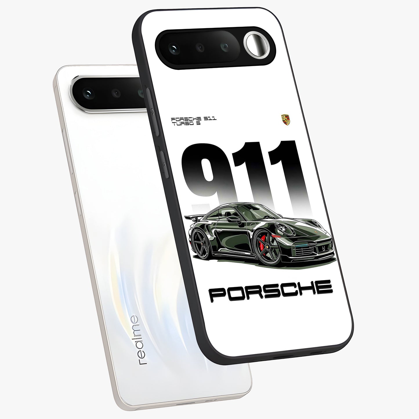 911 Turbo Dominance Glass Case displayed in premium angled mockup highlighting sporty car illustration and sleek glass surface.