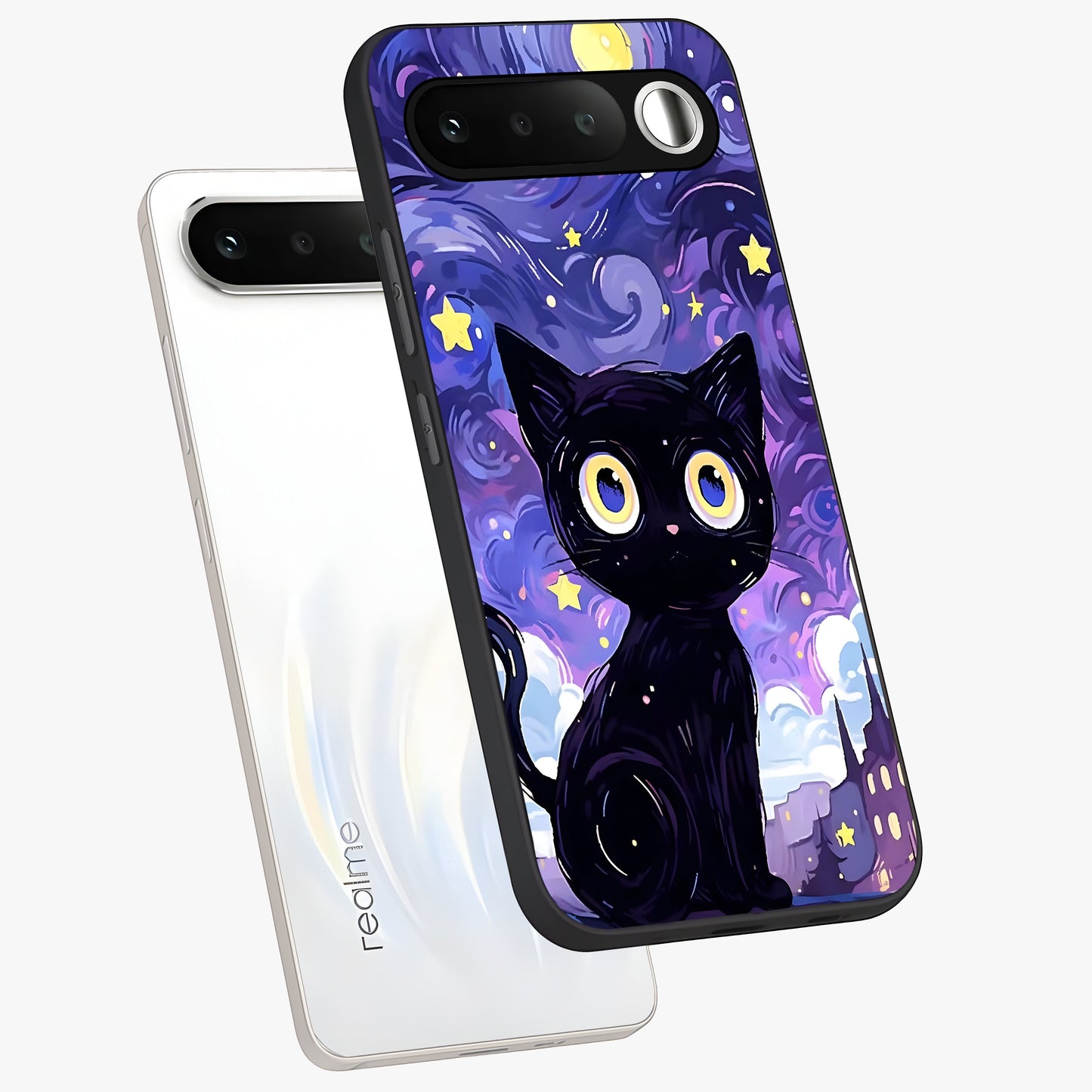 Abstract Cat Art Glass Case displayed in angled mockup highlighting modern abstract cat artwork and sleek glass surface.