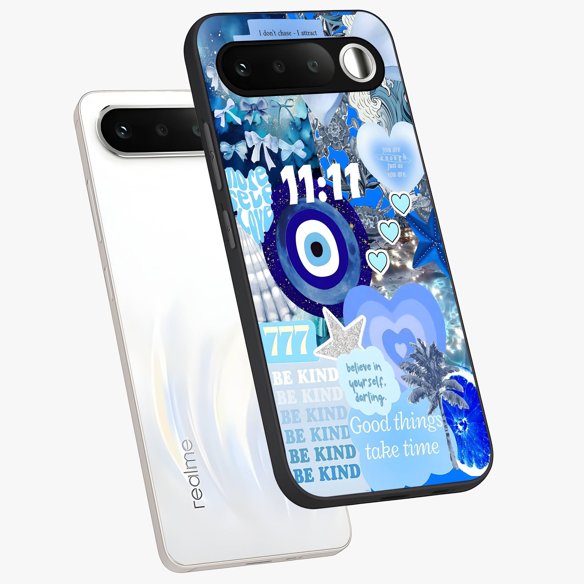 Aesthetic Be Kind Eye Glass Case displayed in angled mockup highlighting aesthetic eye design and inspirational vibe.