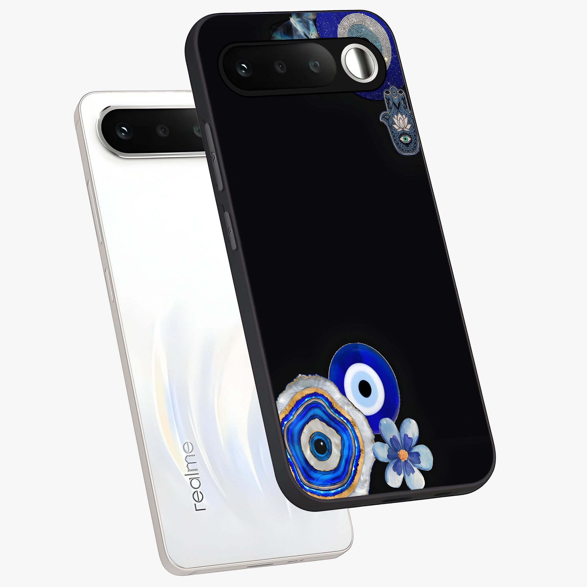 Aesthetic Blue Evil Eye Glass Case displayed in angled mockup highlighting blue evil eye symbol and spiritual aesthetic design.