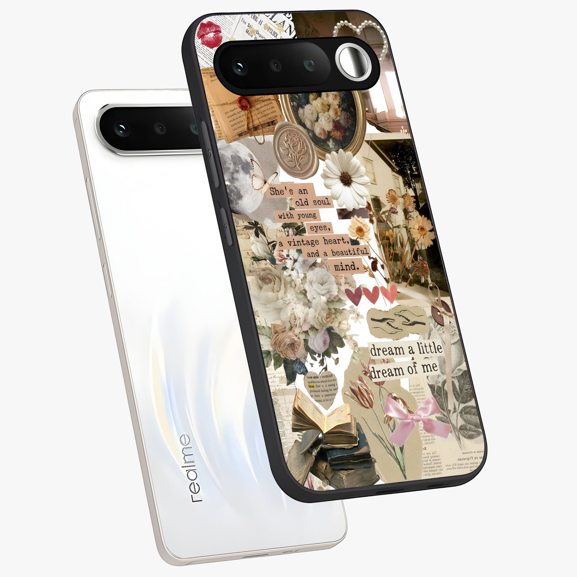 Aesthetic Brown Vintage Collage Glass Case displayed in angled mockup highlighting vintage aesthetic collage design.