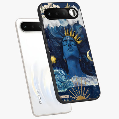 Aesthetic Lord Shiva Glass Case displayed in angled mockup highlighting spiritual Shiva illustration and sacred aesthetic design.