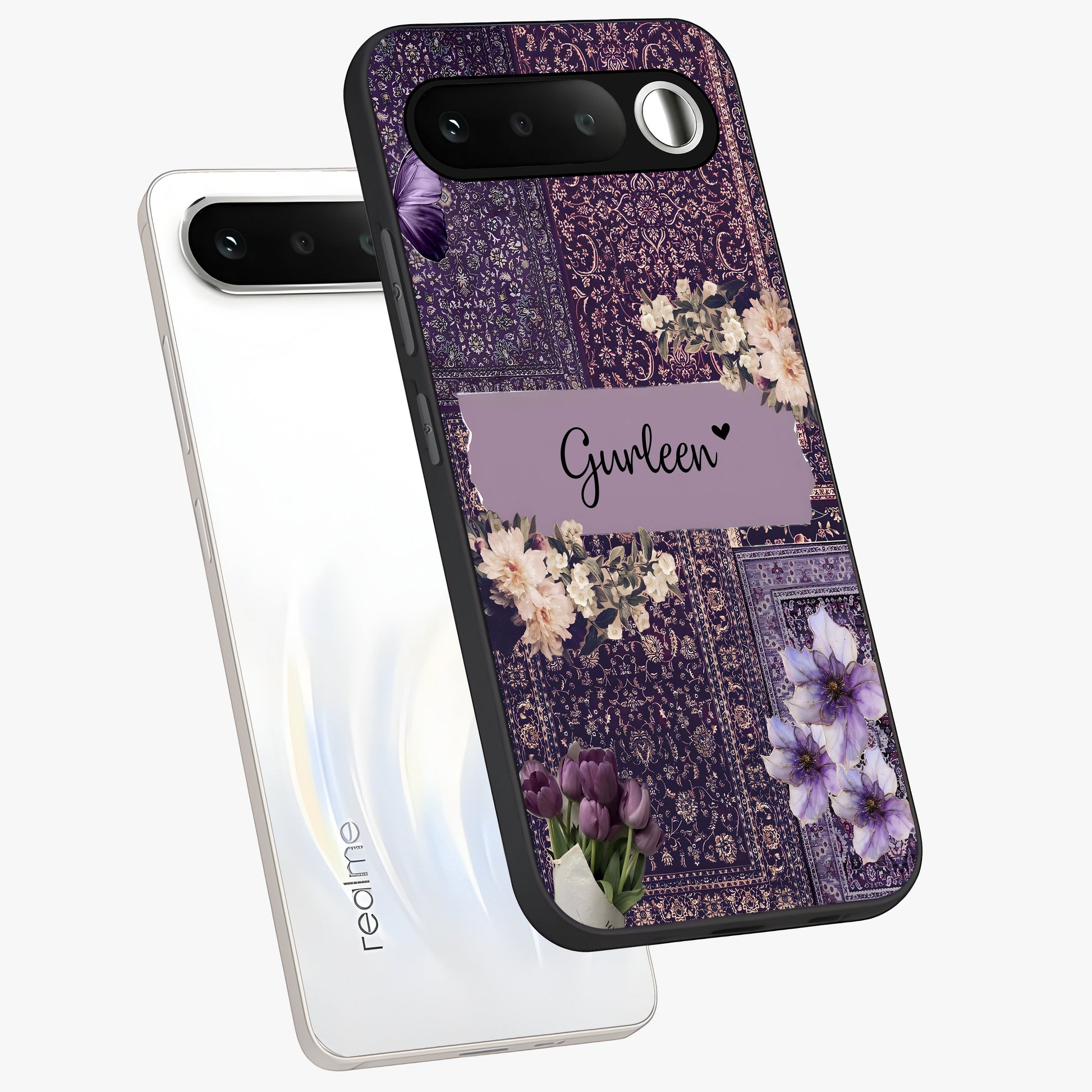 Antique Floral Whisper Custom Name Glass Case displayed in angled mockup highlighting elegant antique floral aesthetic.