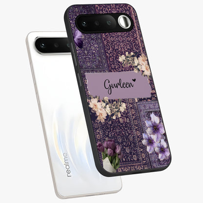Antique Floral Whisper Custom Name Glass Case displayed in angled mockup highlighting elegant antique floral aesthetic.