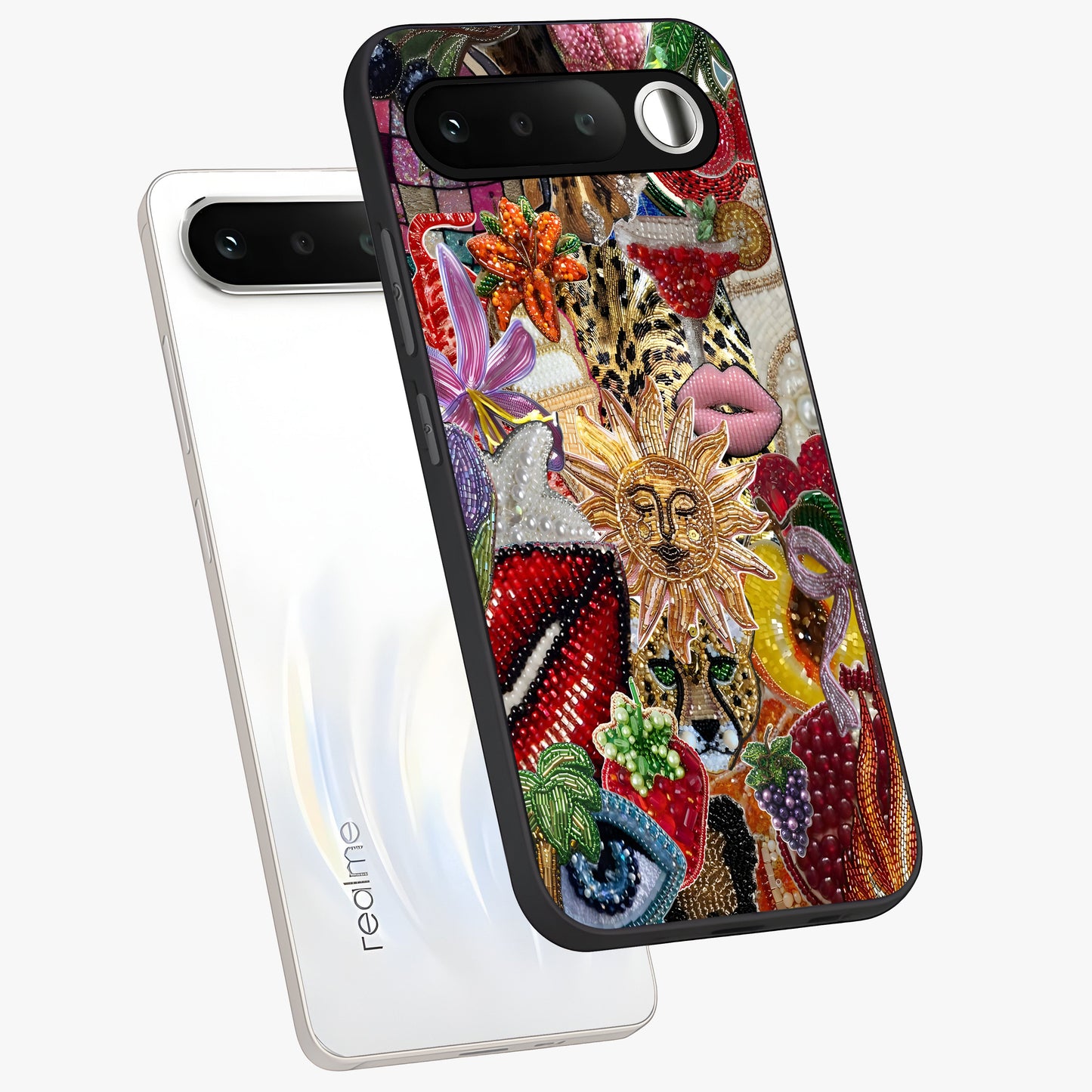 Beaded Fashion Jungle Glass Case displayed in angled mockup highlighting colorful fashion bead design and artistic pattern.