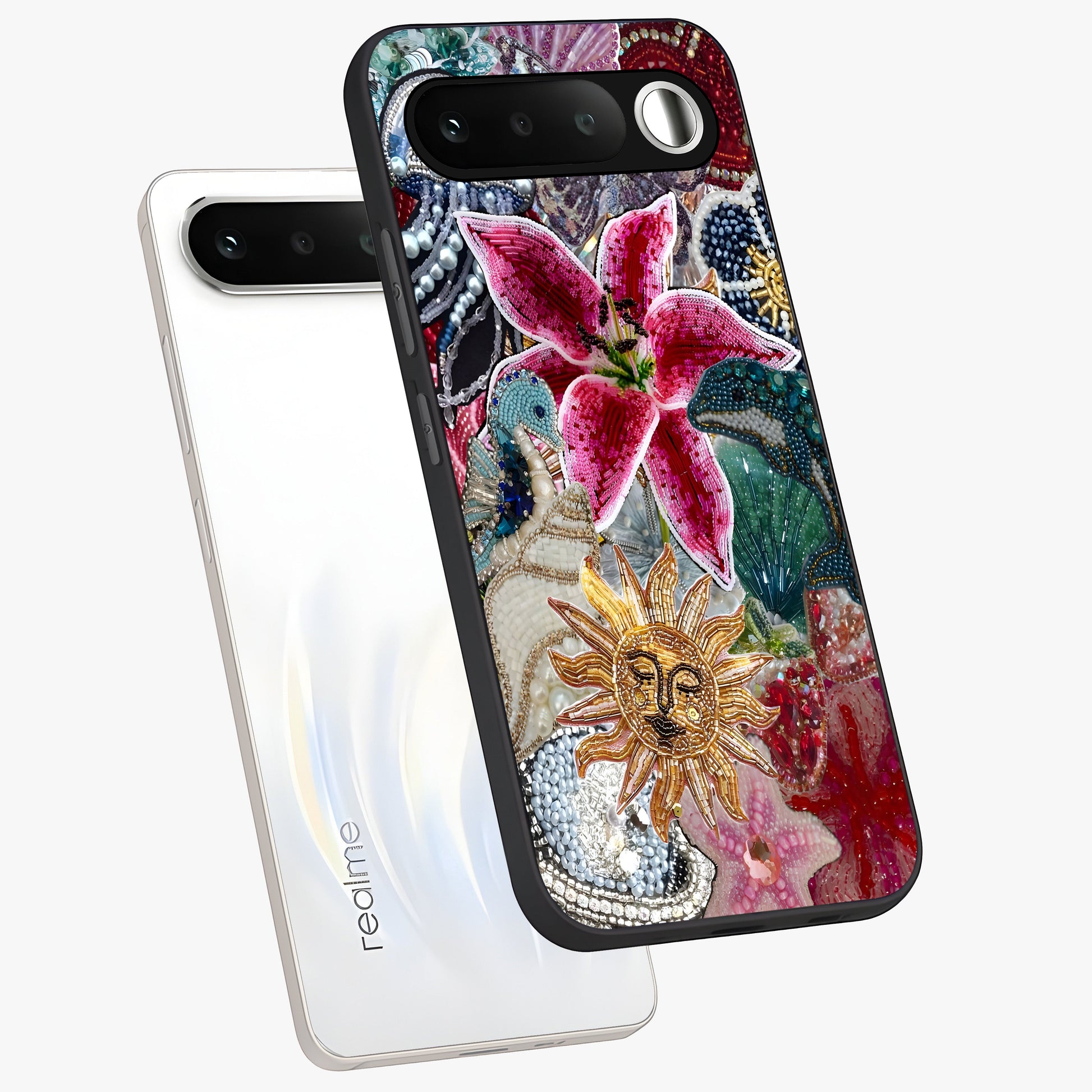 Beaded Garden Fantasy Glass Case displayed in angled mockup highlighting fantasy inspired floral bead pattern.
