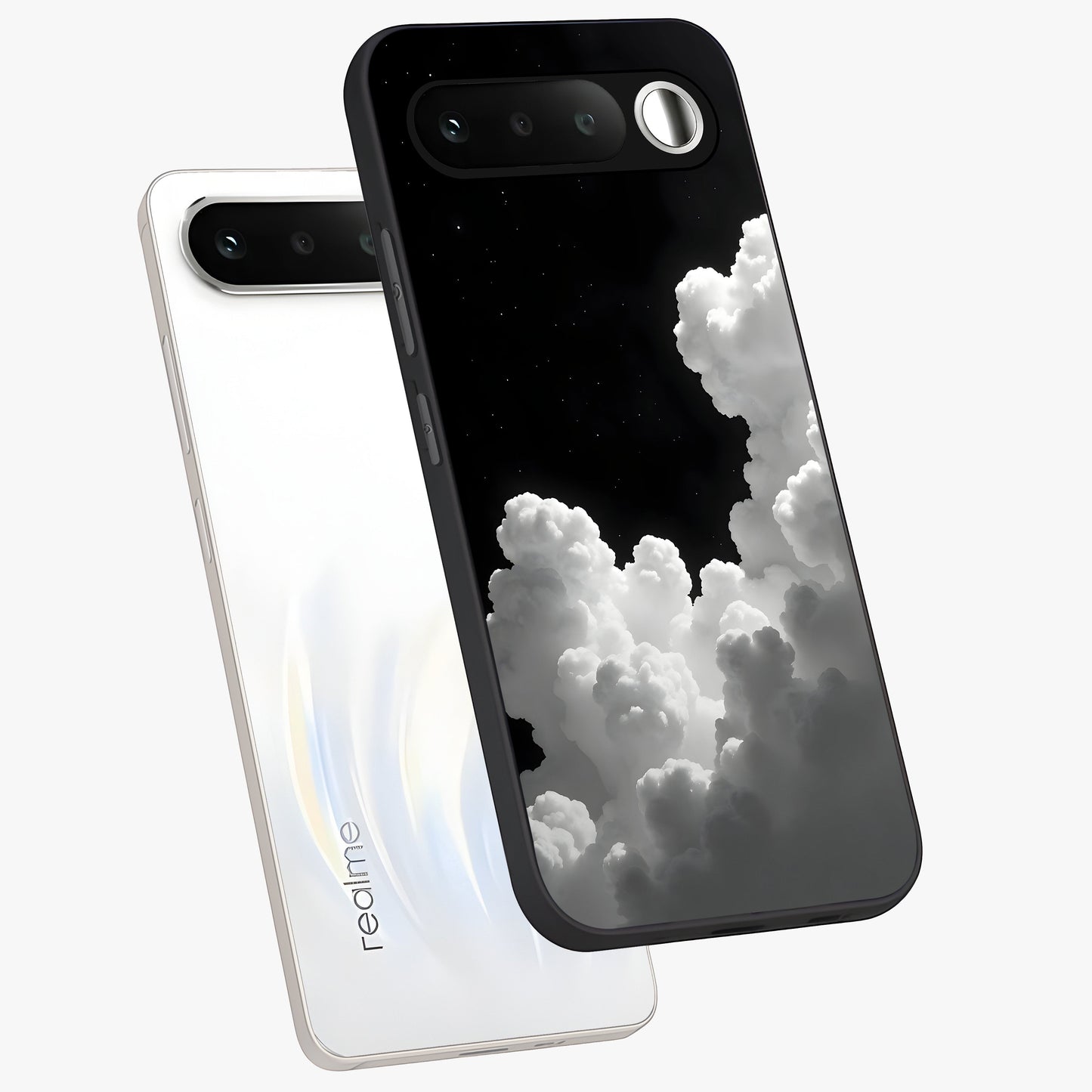 Black Background With White Cloud Glass Case displayed in angled mockup highlighting soft white cloud illustration and minimal design.
