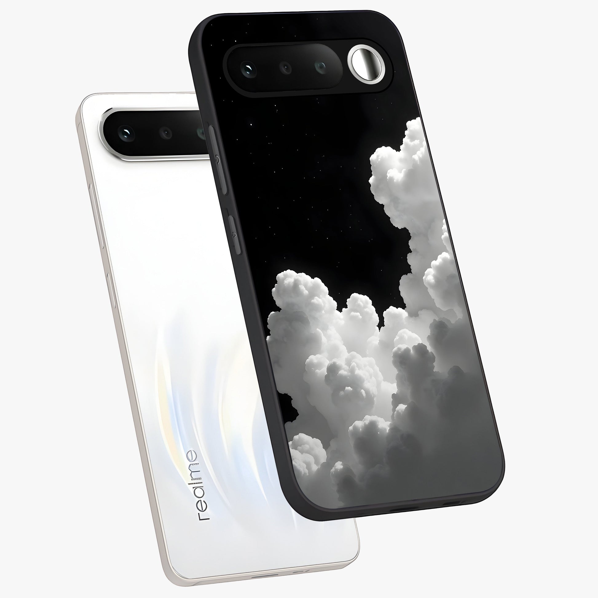 Black Background With White Cloud Glass Case displayed in angled mockup highlighting soft white cloud illustration and minimal design.