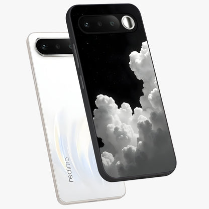 Black Background With White Cloud Glass Case displayed in angled mockup highlighting soft white cloud illustration and minimal design.