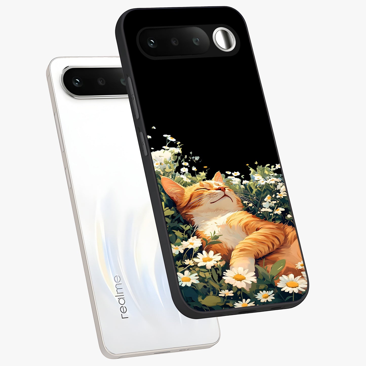 Blissful Bloom Cat Glass Case displayed in angled mockup highlighting playful feline illustration with soft floral aesthetic.