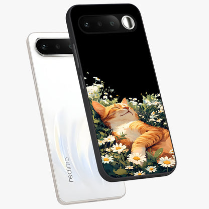Blissful Bloom Cat Glass Case displayed in angled mockup highlighting playful feline illustration with soft floral aesthetic.