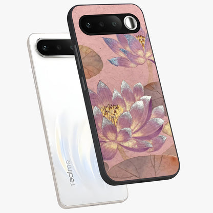 Blossom Mist Lotus Glass Case displayed in angled mockup highlighting delicate lotus illustration with calm aesthetic theme.