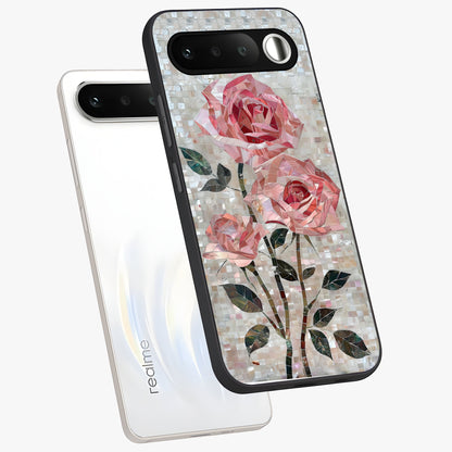 Blush Mosaic Bloom Glass Case displayed in angled mockup highlighting artistic mosaic flower pattern with aesthetic design.