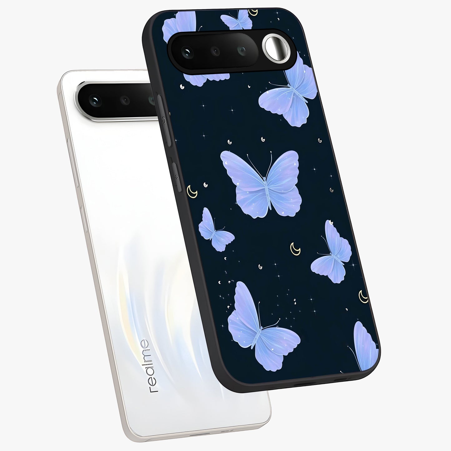Butterfly With Stars Pattern Glass Case displayed in angled mockup highlighting dreamy butterfly and star design with aesthetic theme.