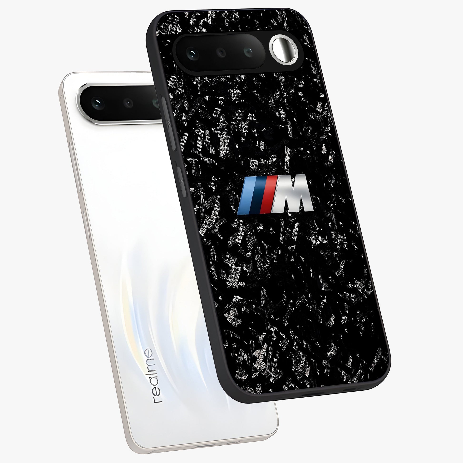 Carbon Speed Mark Glass Case displayed in angled mockup highlighting racing inspired carbon design and sleek aesthetic style.