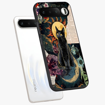 Celestial Black Cat Glass Case displayed in angled mockup highlighting cosmic black cat design with celestial aesthetic.