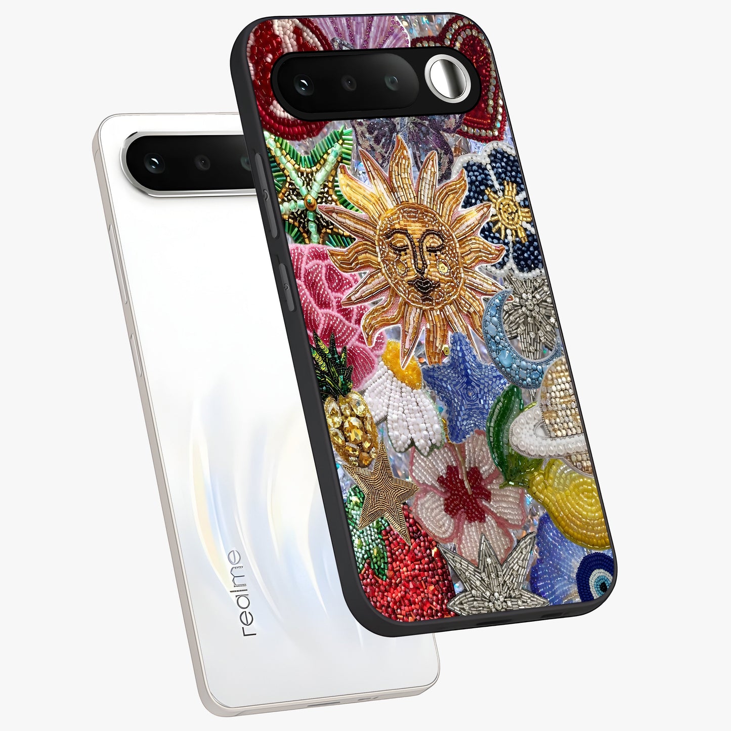 Celestial Floral and Playful Glass Case displayed in angled mockup highlighting playful floral design with dreamy celestial elements.