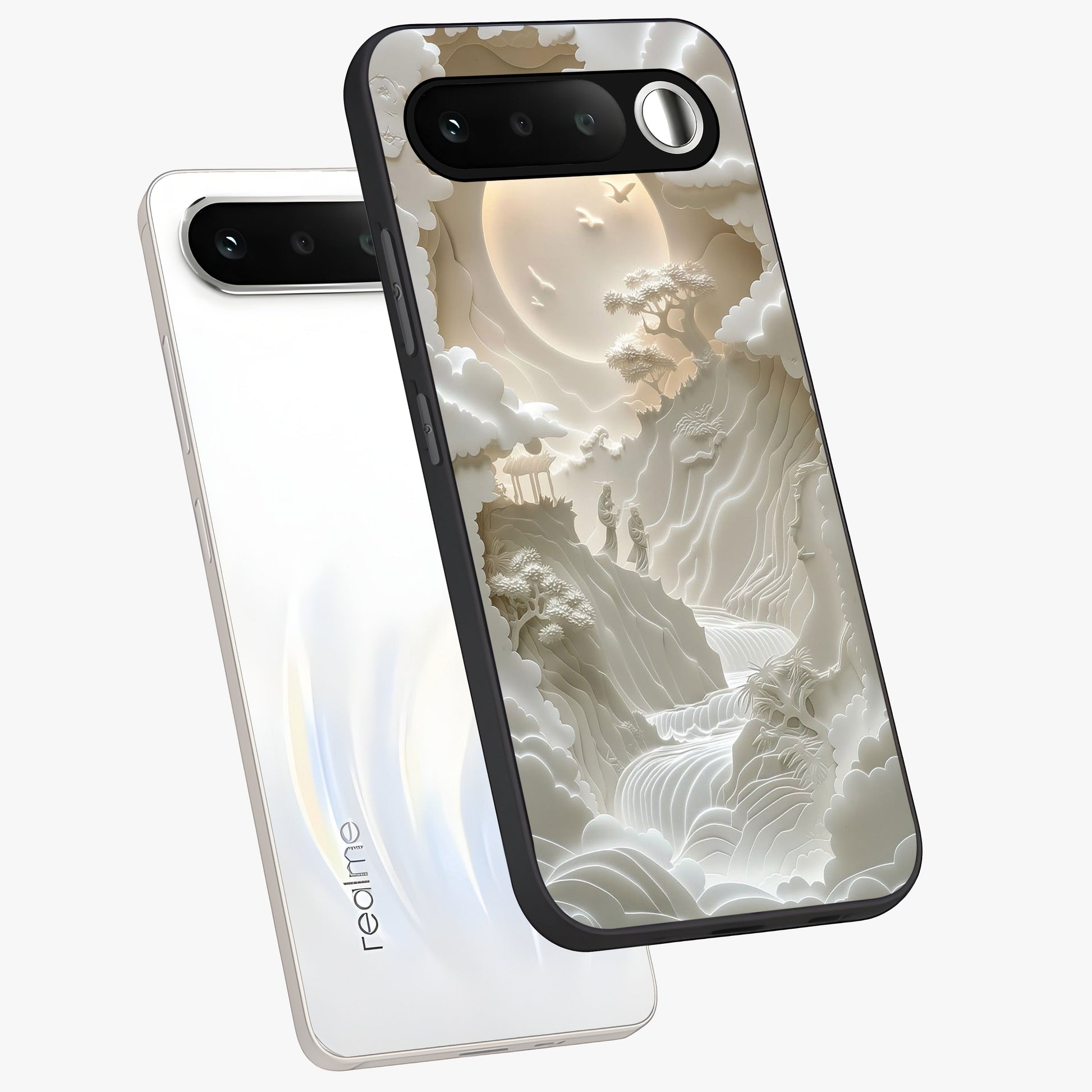 Celestial Origami Glass Case displayed in angled mockup highlighting geometric origami design with cosmic aesthetic theme.