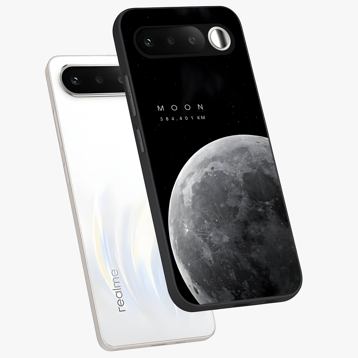 Cosmic Moon Glow Glass Case displayed in angled mockup highlighting celestial moon design with cosmic aesthetic theme.