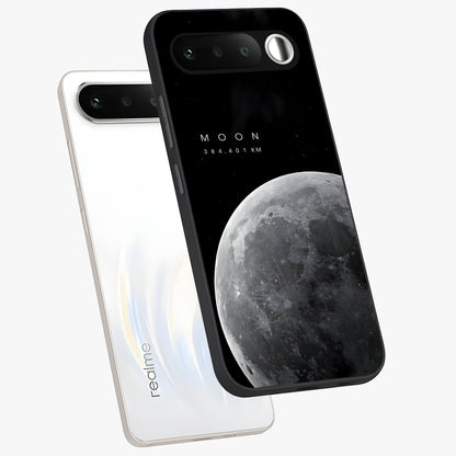 Cosmic Moon Glow Glass Case displayed in angled mockup highlighting celestial moon design with cosmic aesthetic theme.