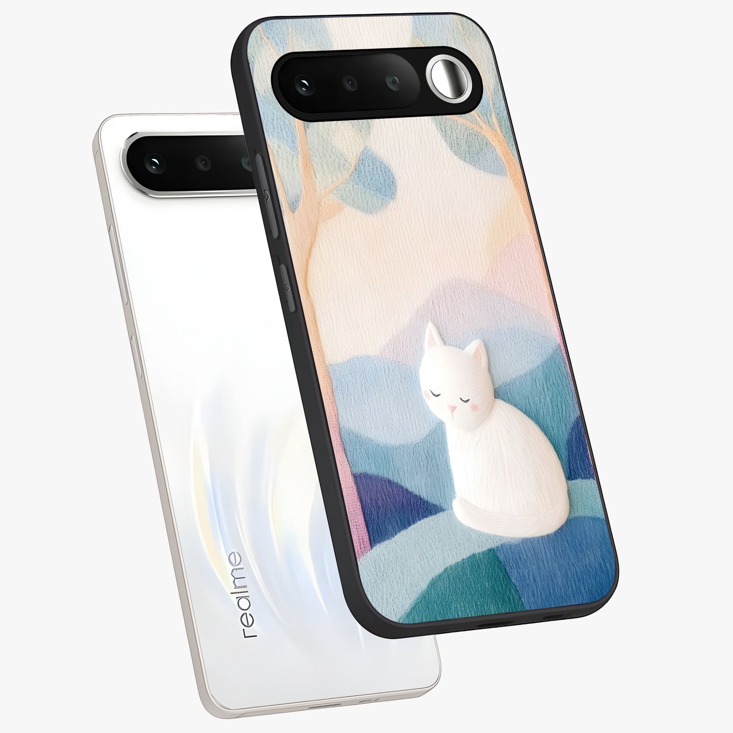 Cotton Dream Cat Glass Case displayed in angled mockup highlighting cute feline illustration with pastel aesthetic style.