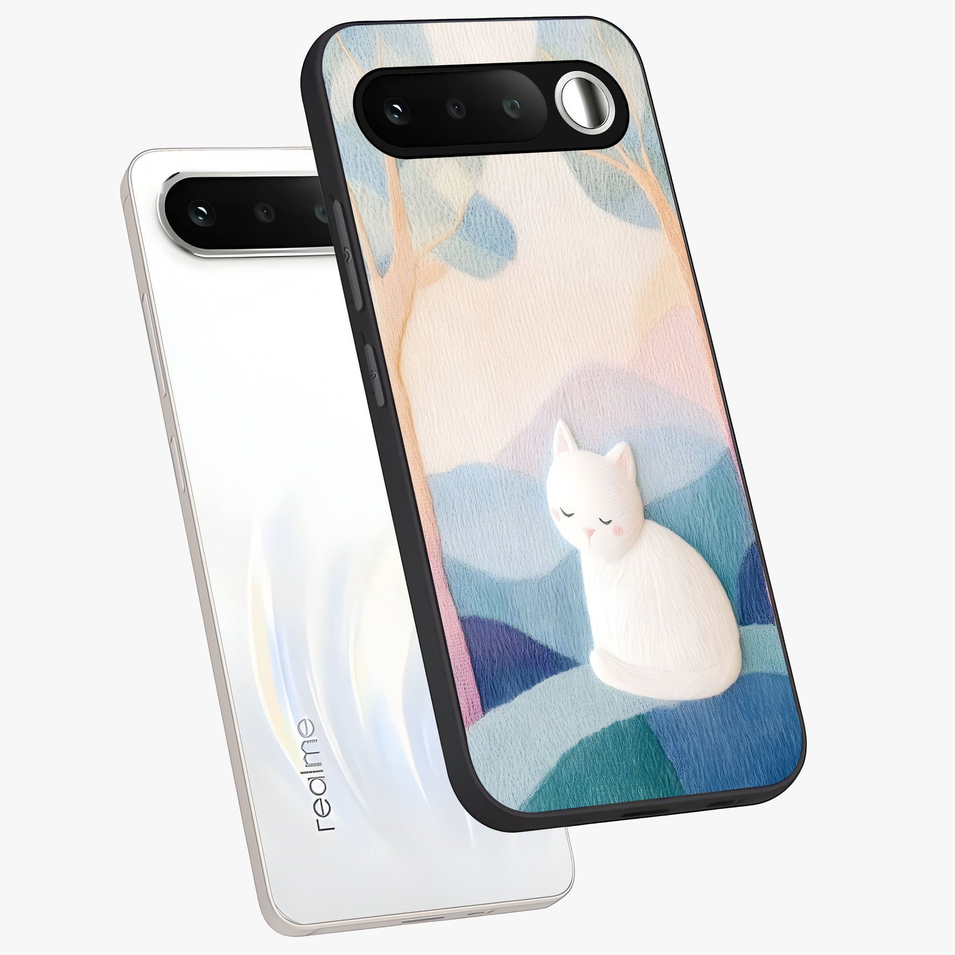 Cotton Dream Cat Glass Case displayed in angled mockup highlighting cute feline illustration with pastel aesthetic style.