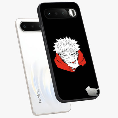 Crimson Chaos Smile Glass Case displayed in angled mockup highlighting edgy crimson smile design with graphic aesthetic.