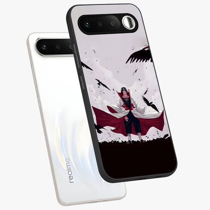 Crimson Crow Ascension Glass Case displayed in angled mockup highlighting powerful crow illustration with dark crimson aesthetic.