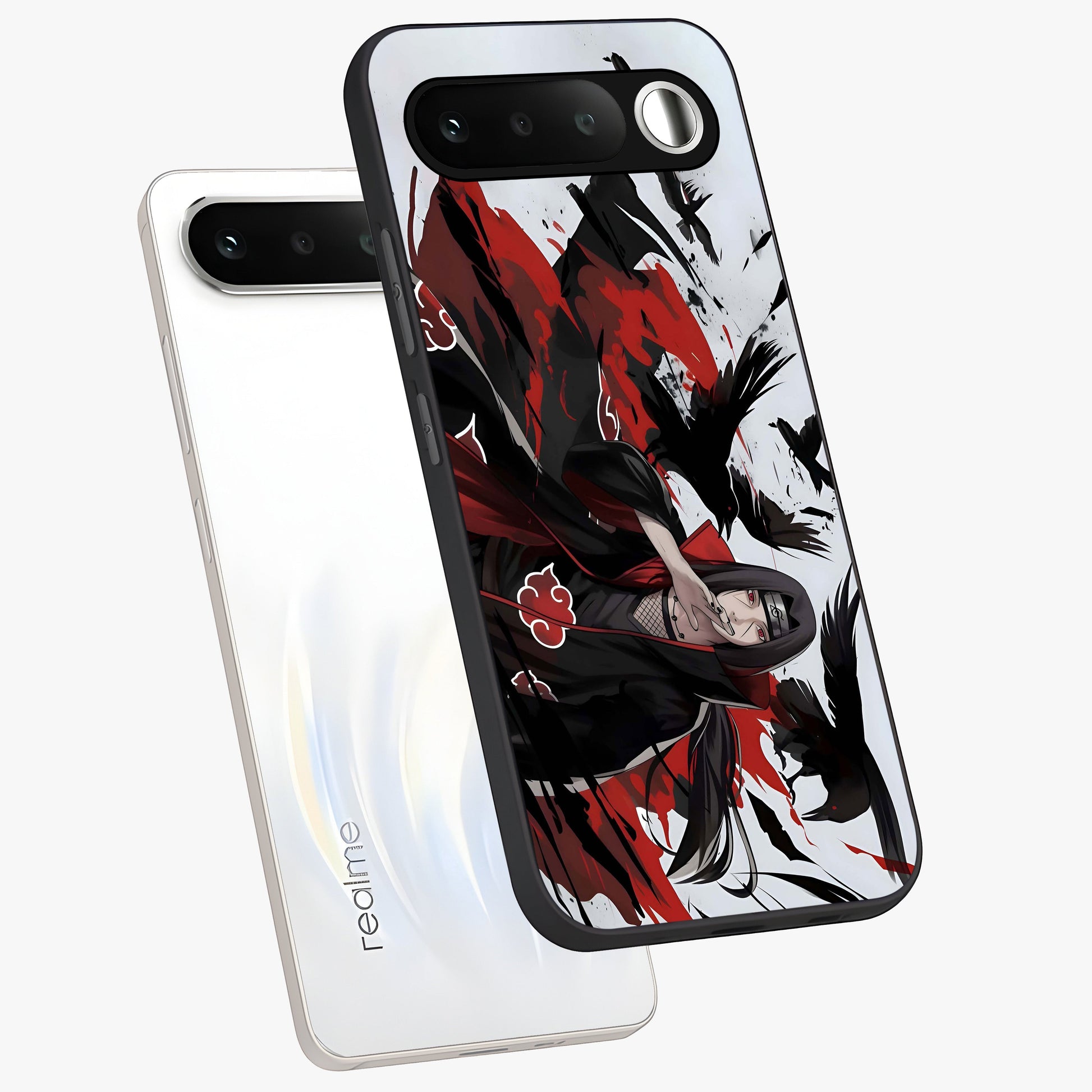 Crimson Crow Illusion Glass Case displayed in angled mockup highlighting mysterious crow graphic with dark aesthetic style.