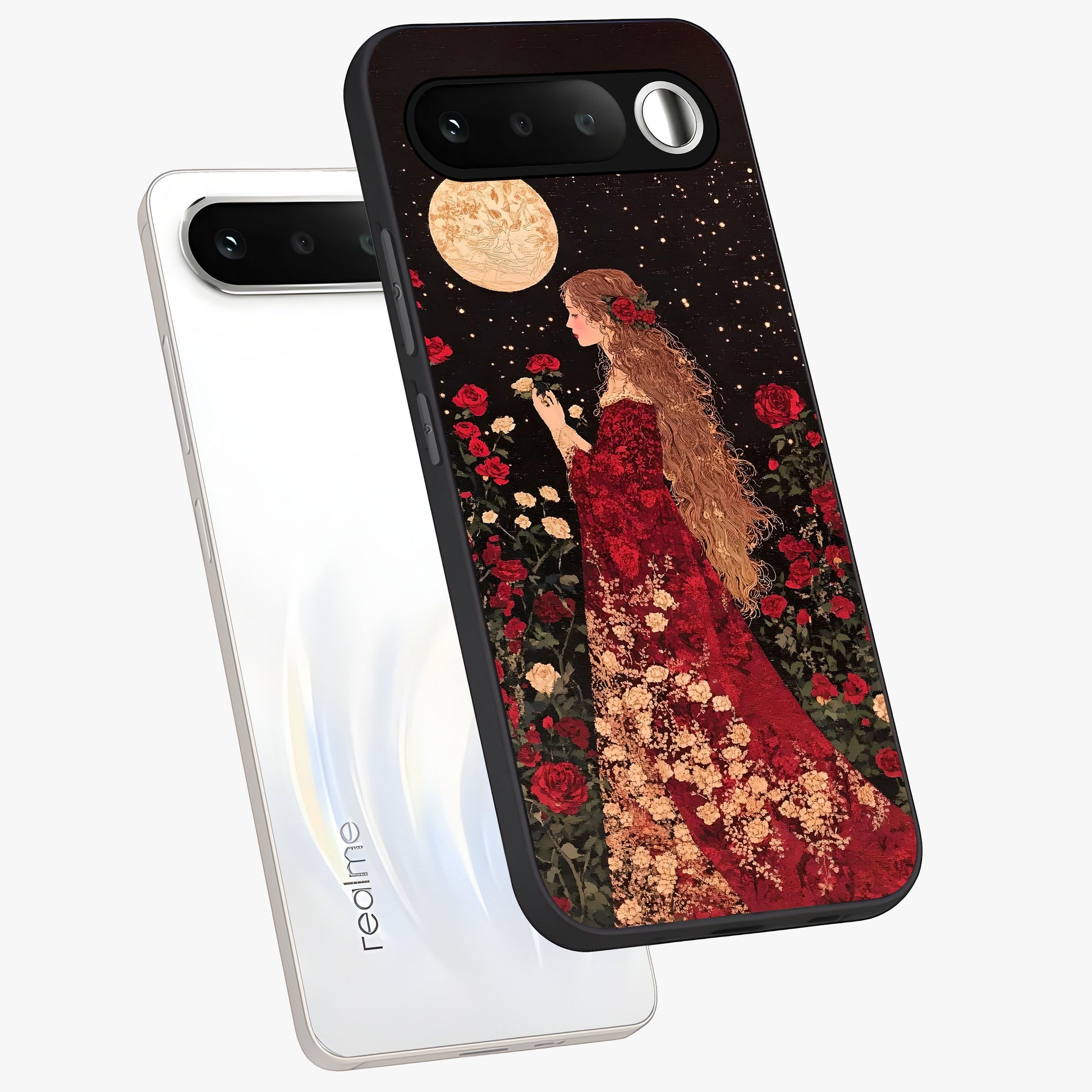 Crimson Dreams Glass Case displayed in angled mockup highlighting soft crimson aesthetic design with artistic theme.