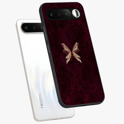 Crimson Fade Butterfly Glass Case displayed in angled mockup highlighting elegant butterfly design with crimson gradient aesthetic.