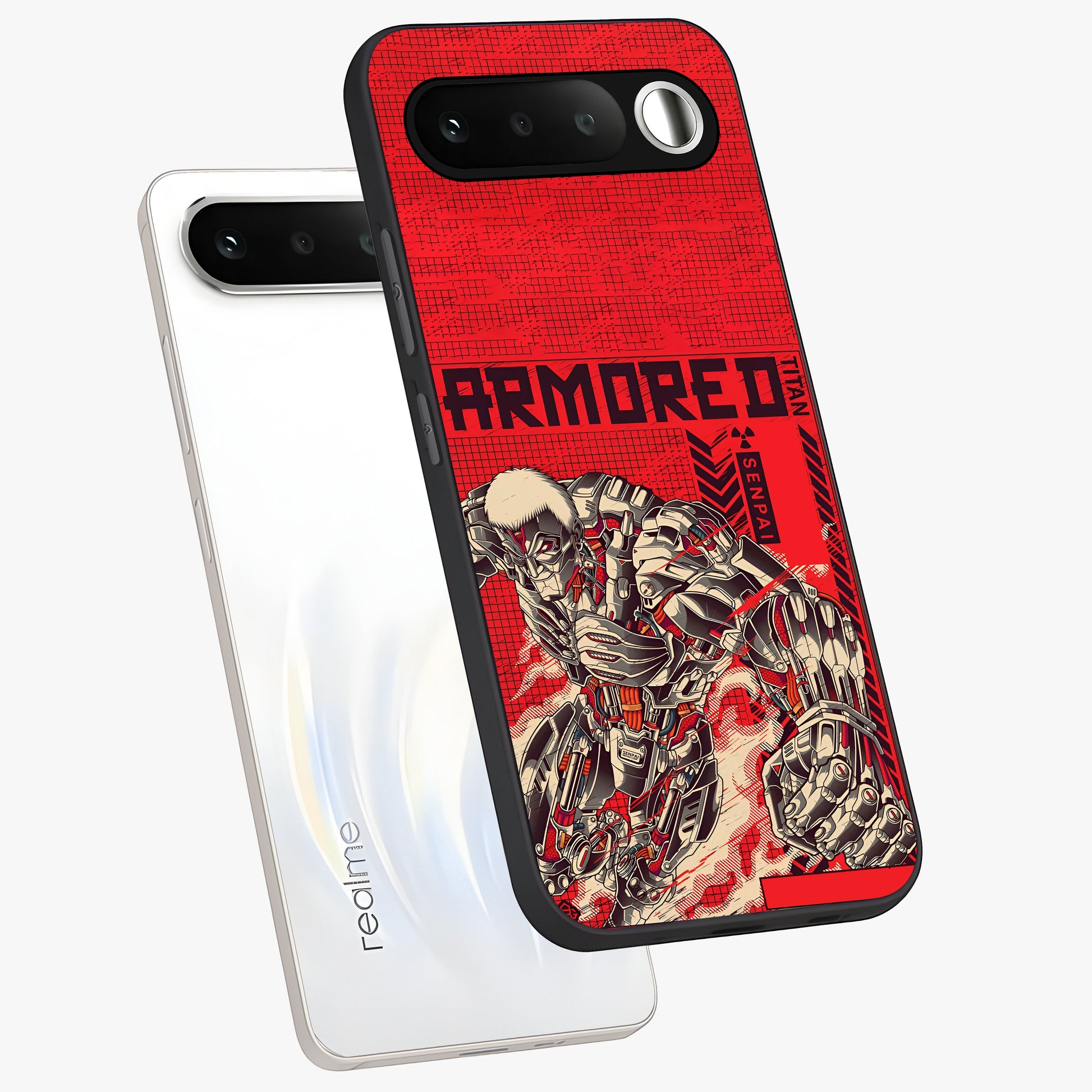 Crimson Mecha Titan Glass Case displayed in angled mockup highlighting futuristic mech illustration with bold crimson aesthetic.