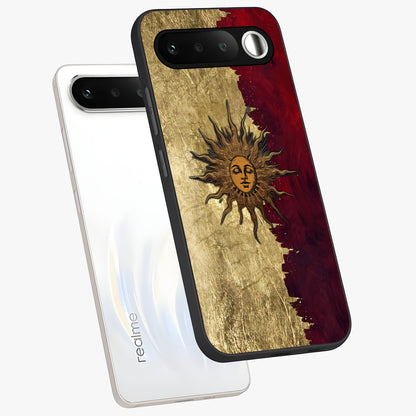 Crimson Sun Majesty Glass Case displayed in angled mockup highlighting majestic crimson sun design with bold aesthetic style.