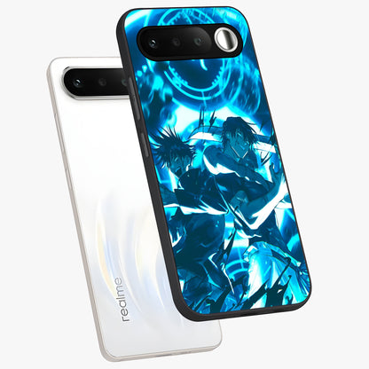 Cursed Energy Clash Glass Case displayed in angled mockup highlighting powerful battle inspired graphic with anime style aesthetic.