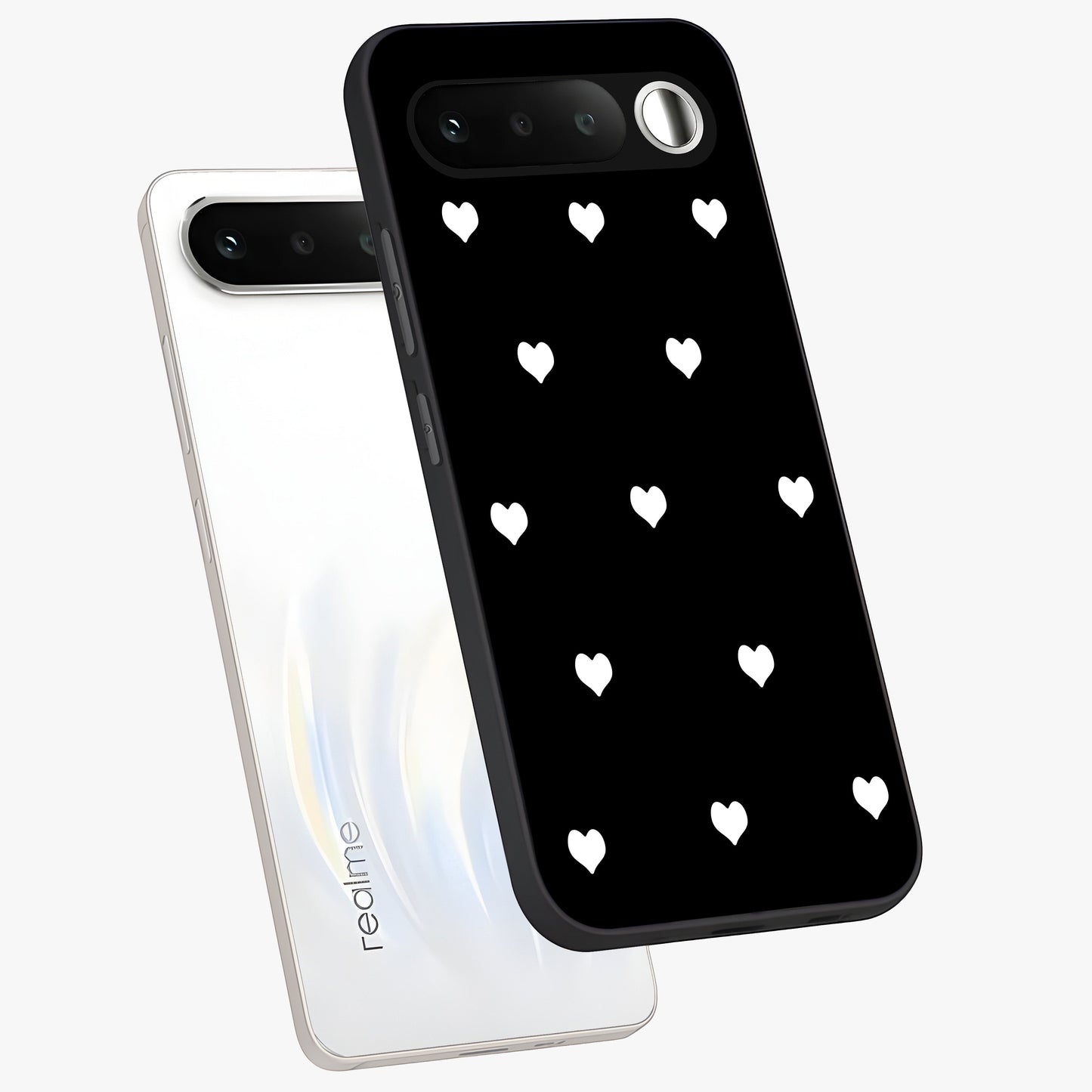 Cute And Simple White Hearts Glass Case displayed in angled mockup highlighting cute heart design with clean aesthetic style.